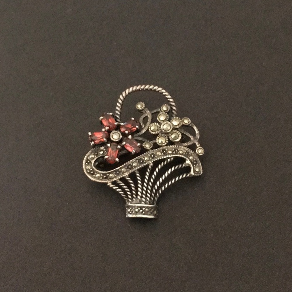Vintage Silver Marcasite Flower Basket Brooch